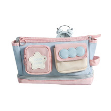(Blue Powder) Color Block Pencil Case - Large Capacity School Organizer
