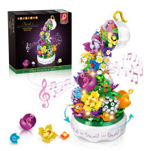Flower Building Block Music Box with LED Light, 571PCS Rotating Botanical Set, Valentines Gift