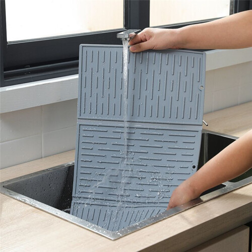 Grey Foldable Tri-Fold Tableware Drying Mat Silicone Draining Mat for Kitchen Counters 2