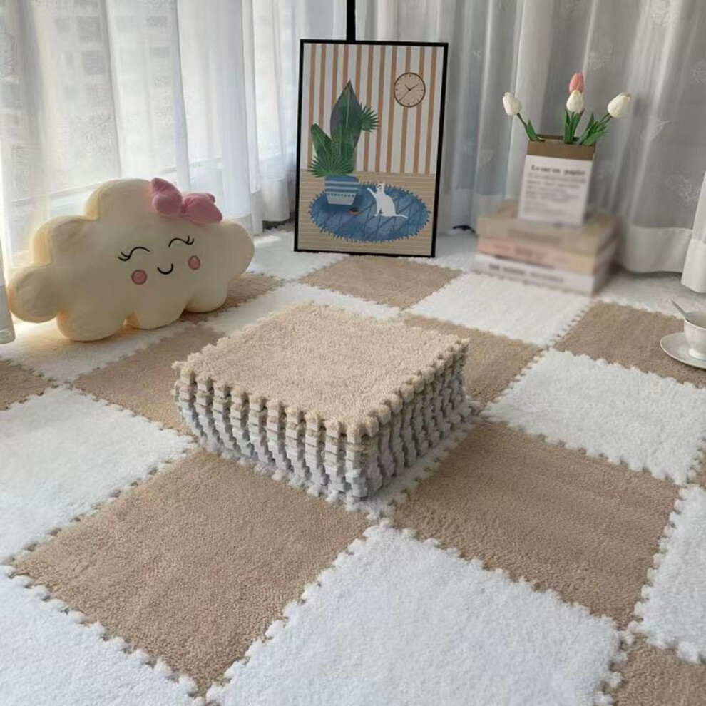Foam Interlocking Mats 12X12 Soft Nonslip Washable Carpet Puzzle Tiles Plush Playmat For Bedroom Nursery 30Pcs Apricot White