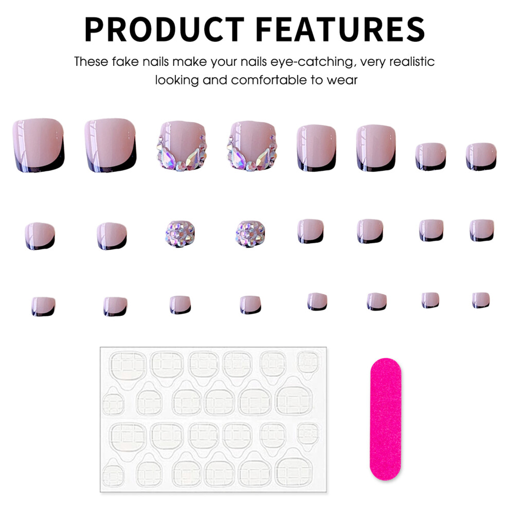Dcph-Clothing Pink Square Press-On Nails With Black Tip, Reusable