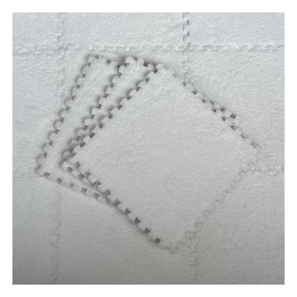 16Pcs Soft Plush Interlocking Foam Floor Mats For Playroom, Fluffy Puzzle Carpet Tiles Set White