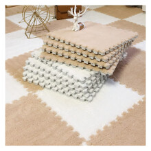 Soft Plush Interlocking Carpet Tiles Foam Floor Mats for Living Room Bedroom Light Brown and White
