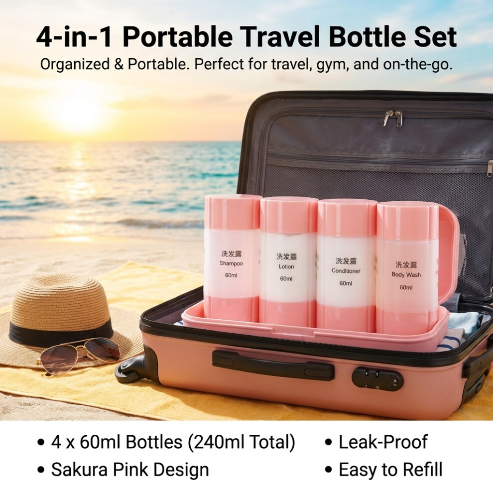 Reach-Tools (4 In 1 Pink 60Ml) 4Pcs Travel Toiletry Bottles, Leak-Proof