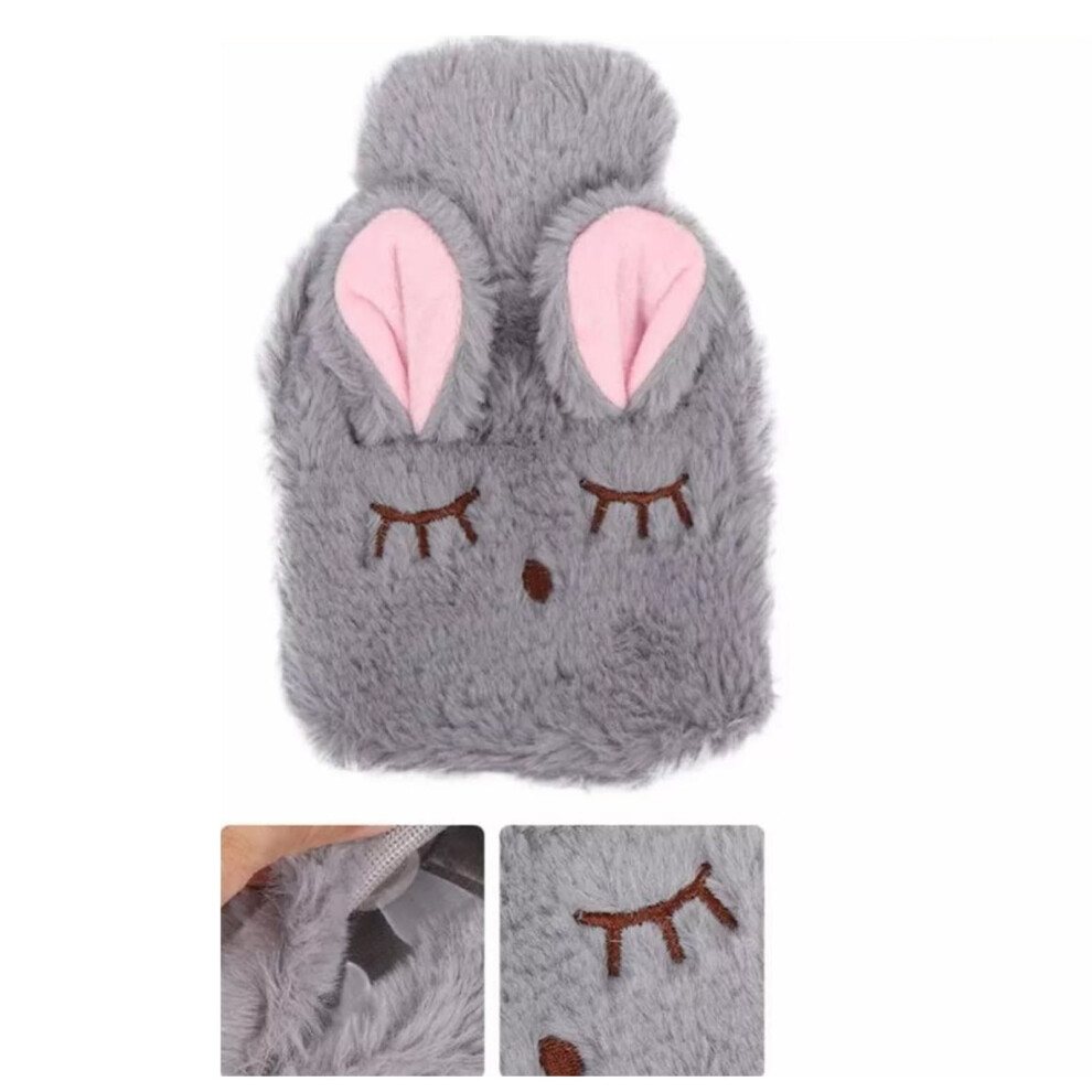 Hot Water Bottle 350ml Detachable Plush Cover 13x19cm Grey Scaldproof