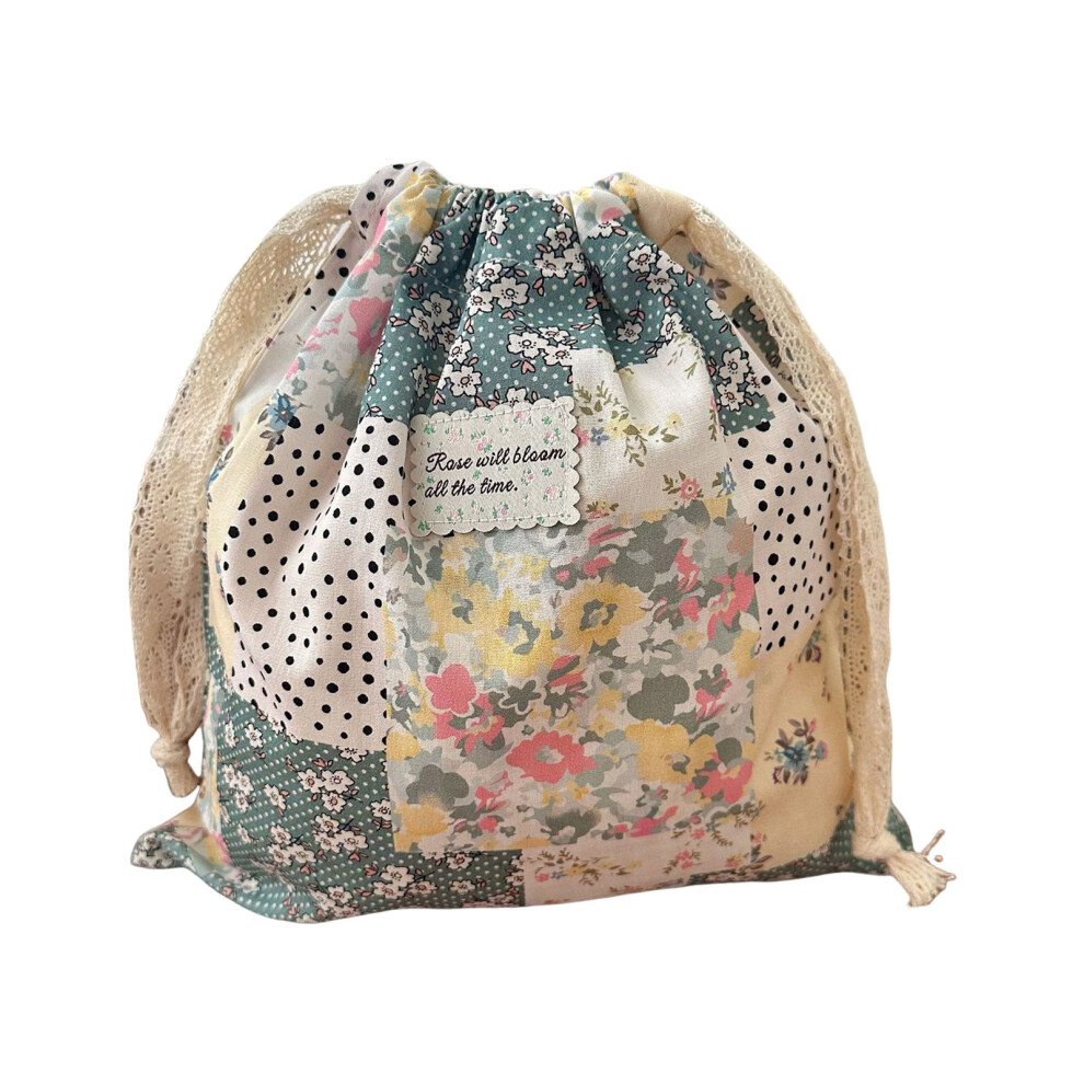 Roc-Electron (Vintage Green Floral) Travel Floral Cotton Drawstring Cosmetic Pouch