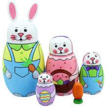 Matryoshka Nesting Dolls Handmade Wooden 5PCS Set with Cute Rabbit Pattern for Home Decor Collectible