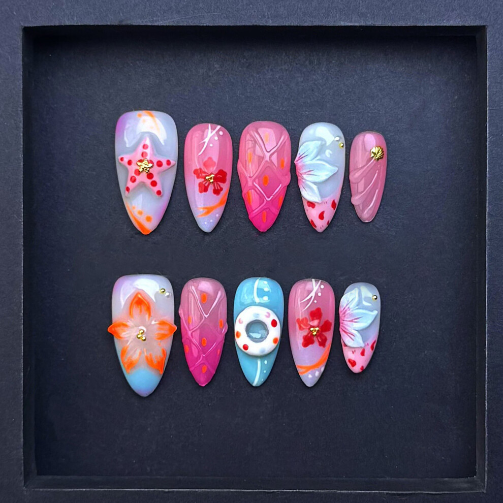 Roc-Electron (M) 10Pcs Flower Almond Fake Nails - No Splitting Diy Manicure