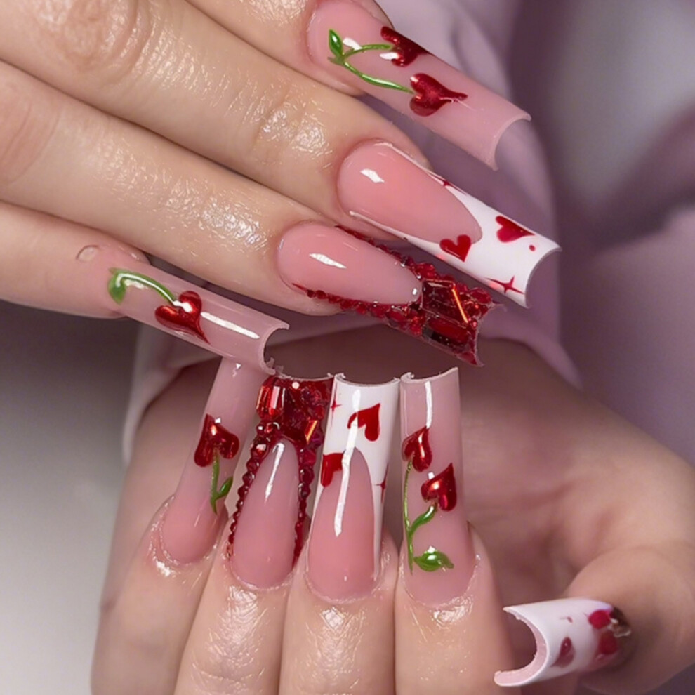 Phui-Pet-Supplies 24Pcs Cherry Heart French Fake Nails - Stylish Manicure
