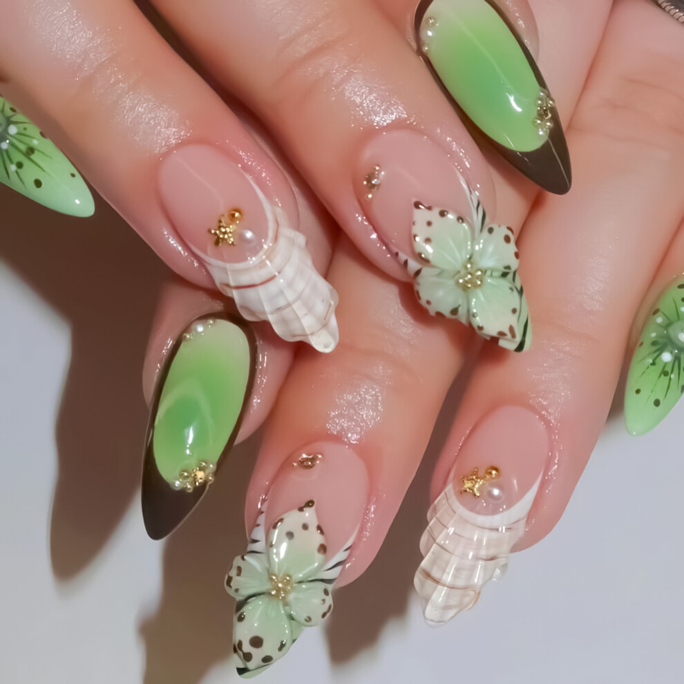 Roc-Electron Green Glossy Press On Nails - Nude & Comfortable For Work & Party