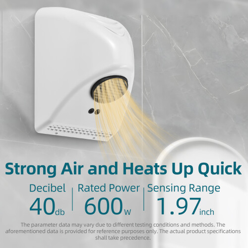 600W Automatic Touchless Hand Dryer - White, Compact, Low Noise