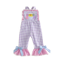 (2-3 Years, Purple) Toddler Girls Easter Flare Pants Overalls Plaid Print Bunny/Chick Embroidery Sleeveless Bell Bottom Romper