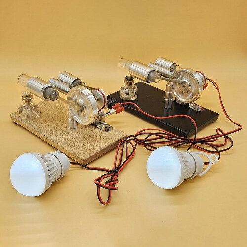γType Stirling Engine Generator Model with LED Lights, Black Wooden Chassis DIY Educational Kit 1