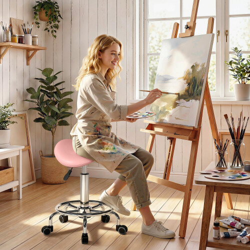 Homcom (Pink) HOMCOM Saddle Chair, Rolling Salon Stool for Massage Spa
