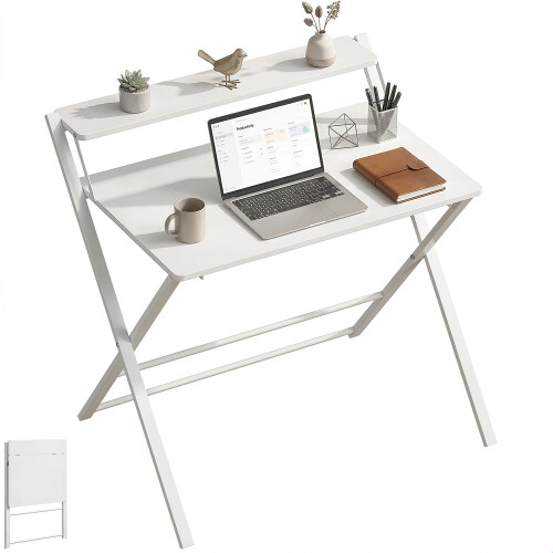 Homcom (White) HOMCOM Folding Desk with 2-Tier Shelf for Home Office 1