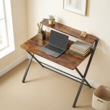 (Brown) HOMCOM Folding Desk with 2-Tier Shelf for Home Office