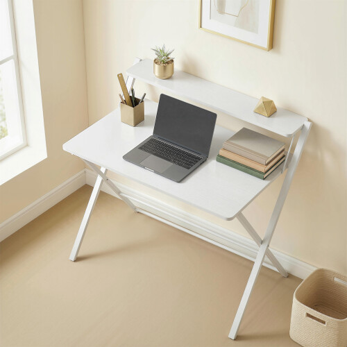 Homcom (White) HOMCOM Folding Desk with 2-Tier Shelf for Home Office