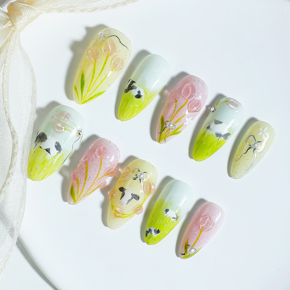 Dcph-Clothing Glossy Blue Green Almond Fake Nails, Unbreakable