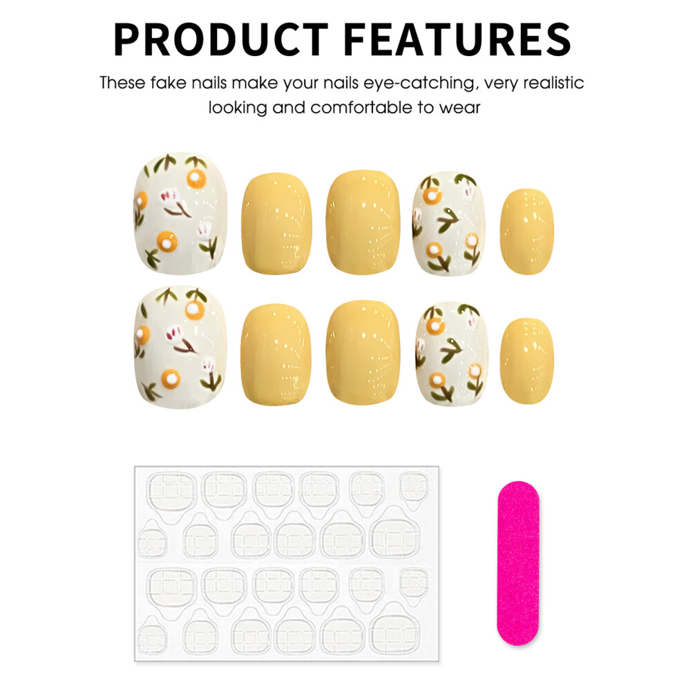 Bright-Home (Xs) Yellow Short Fake Nails With Flower Print Sweet & Charming Reusable False Nails For Girlfriend Wife Women And Girl