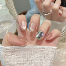 (Ultra short ladder) Glitter Pink Cat Eye Fake Nails for Party & Daily