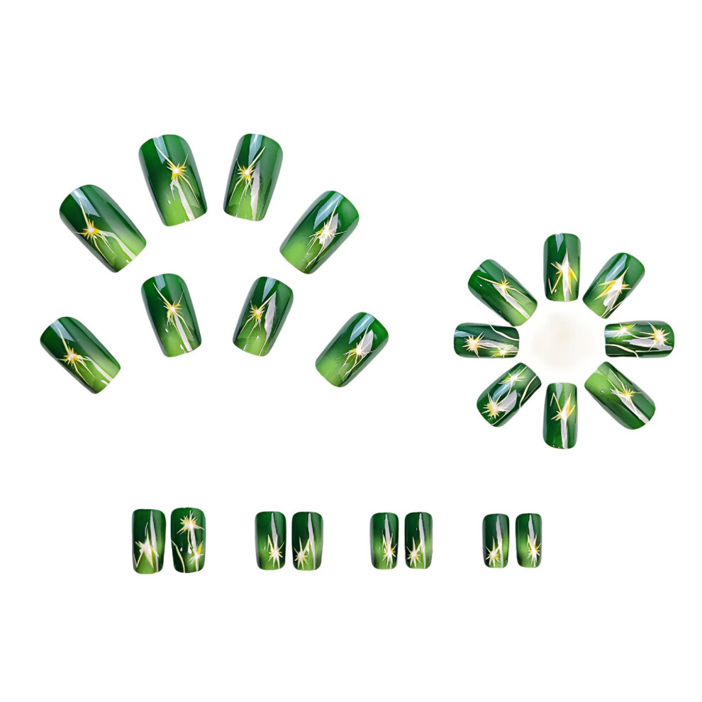 Dcph-Clothing Glossy Green Square Fake Nails With Print - Durable & Comfort