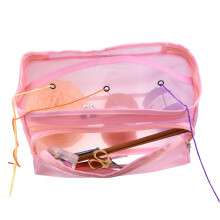 Pink Mesh Knitting Bag with Zipper, Yarn Tote Organizer with Zippered Needle Case for Travel
