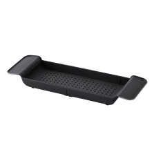 Adjustable Bamboo Bathtub Tray Caddy with Wine and Book Holder, Expandable Shelf, Black
