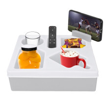 White Silicone Couch Cup Holder Tray with Phone Stand, Non‑Slip Sofa Armrest Organizer for Drinks and Snacks