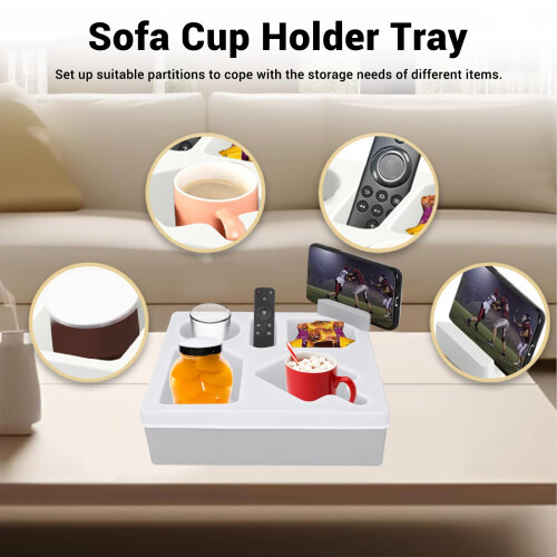 White Silicone Couch Cup Holder Tray with Phone Stand, Non‑Slip Sofa Armrest Organizer for Drinks and Snacks 2