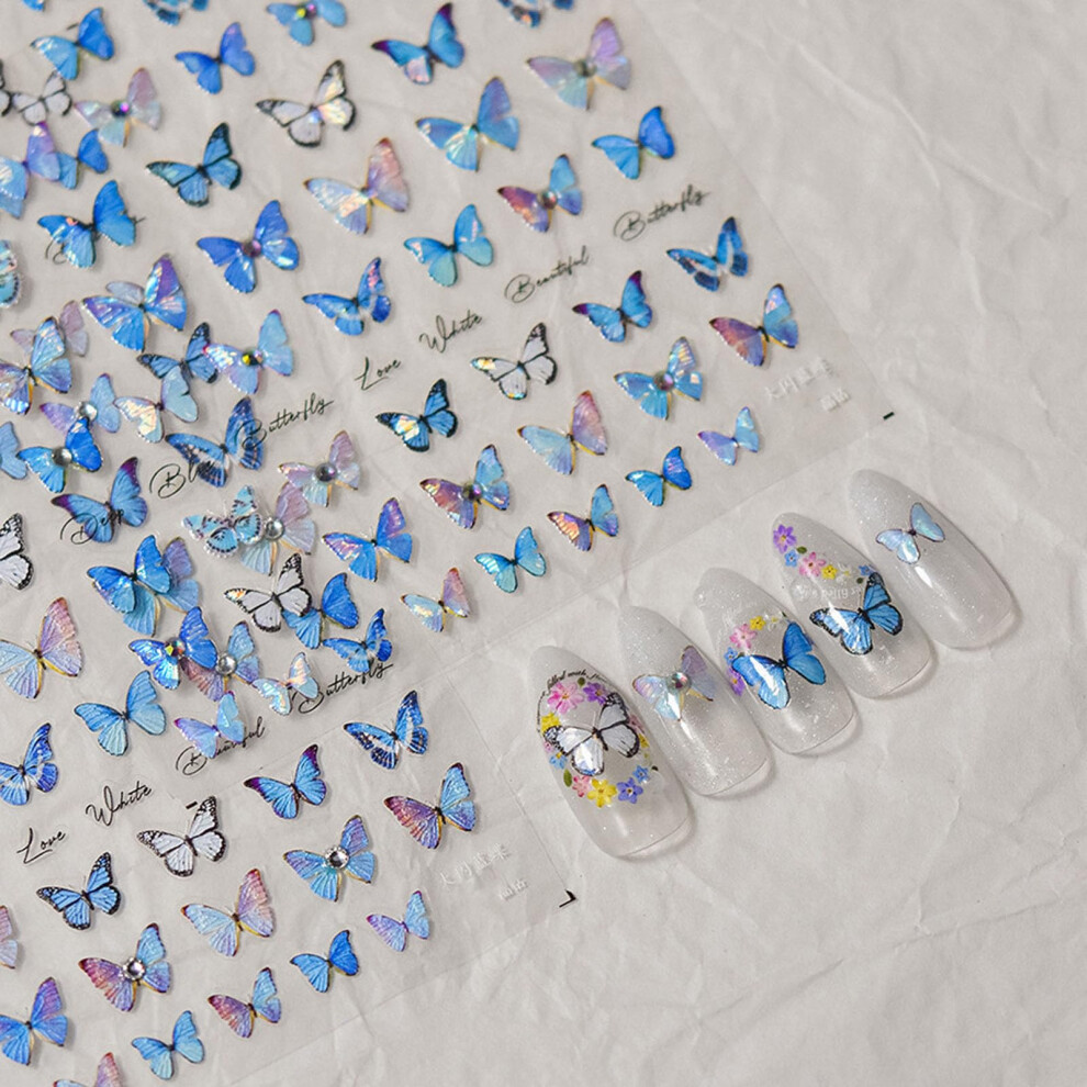 Blue Butterfly Nail Stickers 2pcs with 3D Rhinestone Design, SelfAdhesive Sparkling Nail Art Decals for DIY Manicure