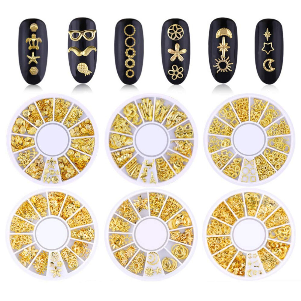 Gold Nail Studs 6 Boxes Mixed Shapes Metal Nail Art Decorations Punk 3D Rivets for DIY Manicure