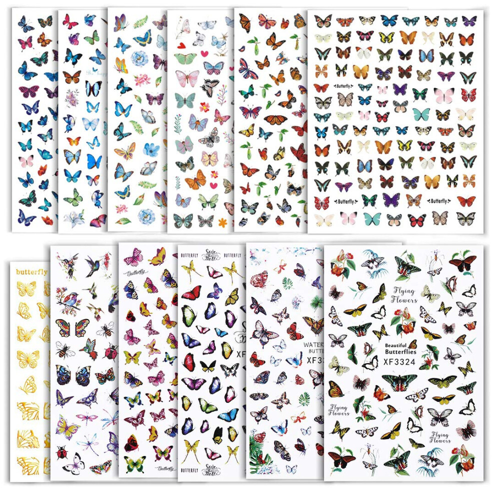 Nail Art Stickers 12 Sheets 3D Flower Butterfly Decals for Spring Manicure with Adhesive Backing