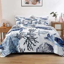 Full/Queen Ocean Coral Quilt Set with Pillow Shams, Lightweight Turtle Blue 3 Piece Bedding