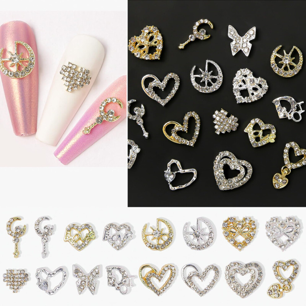 Gold/Silver 16Pcs 3D Nail Charms And With Rhinestones Moon Star Butterfly Heart Decorations For Acrylic Nails