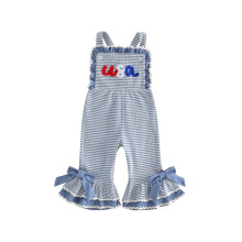 (3-4 Years, Deep Blue) Independence Day Toddler Girl Jumpsuit USA Flag Embroidery Sleeveless Striped Bell Bottom Overall Pants