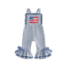 (4-5 Years, Sky Blue) Independence Day Toddler Girl Jumpsuit USA Flag Embroidery Sleeveless Striped Bell Bottom Overall Pants