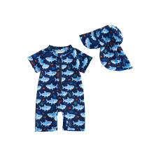 (2-3 Years, Blue) Baby Boy Rash Guard Swimsuits Shark Print Short Sleeve Zip Up Bathing Suit with Sun Cap