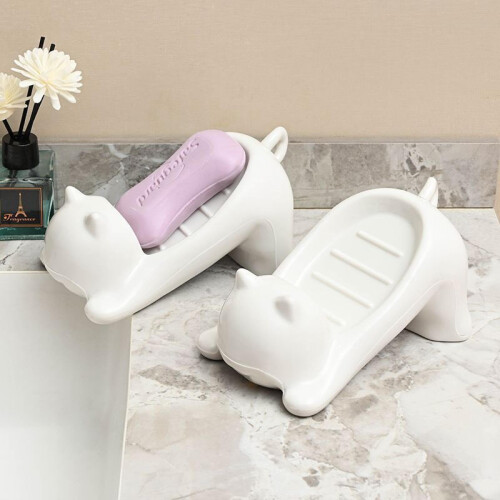 2 PCS White Plastic Kitten Shaped Soap Holders with Drainage Keeps Soap Dry for Bathroom Kitchen 1