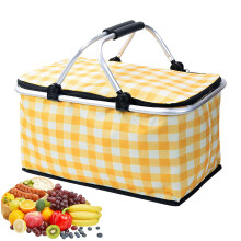 Foldable Shopping Basket 30L with Lid, Waterproof Insulated Picnic Bag, Stable Double Handles