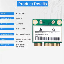 Tarjeta de Red WiFi 6 RTL8852BE con Antenas de 8 DBi, Adaptador BT 5.2 PCI-e de Doble Banda de 2,4 G/5 GHz y 1800 Mbps para Windows 10 y 11.