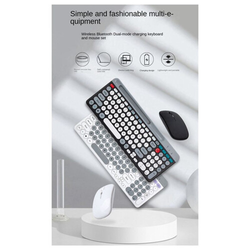Tastiera e Mouse Wireless  Rotondi con Copritasti Adatti per Tablet e Laptop, Colore Bianco 2