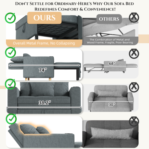 (Grey) YODOLLA Single Sofa Bed 3-in-1 Sleeper Chair Bed 2