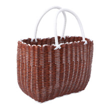 Plastic Woven Storage Basket with Handle, Durable Wicker Look Tote for Groceries and Home Organization