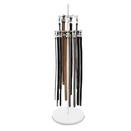 White TwoTier Belt Organizer with 31 Hooks, Steel Vertical Accessory Display Stand