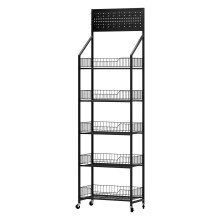 Snack Display Rack 5 Tier Carbon Steel Storage Organizer with Wheels and Hooks for Home or Store