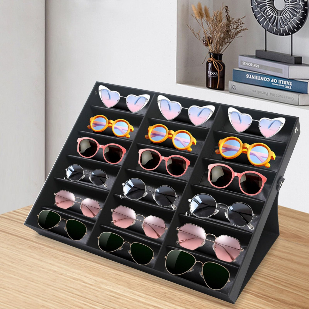 Black 18 Slot Sunglasses Organizer With Flip Lid, Large Eyeglass Storage Box, Scratchresistant