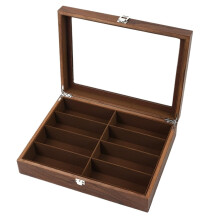 Wooden Sunglasses Organizer with Glass Lid, 8 Slot Eyewear and Watch Storage Box