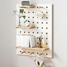 White Wooden Peg Board Wall Organizer with Shelves and Hooks, SpaceSaving Modular Storage for Home Office