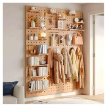 Wooden Pegboard Wall Organizer 60x80cm with Hooks, SpaceSaving Beige Design for Home Office