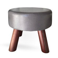 Small Round Leather Ottoman Footstool 12in Compact Upholstered Footrest with Stable Wooden Legs Grey
